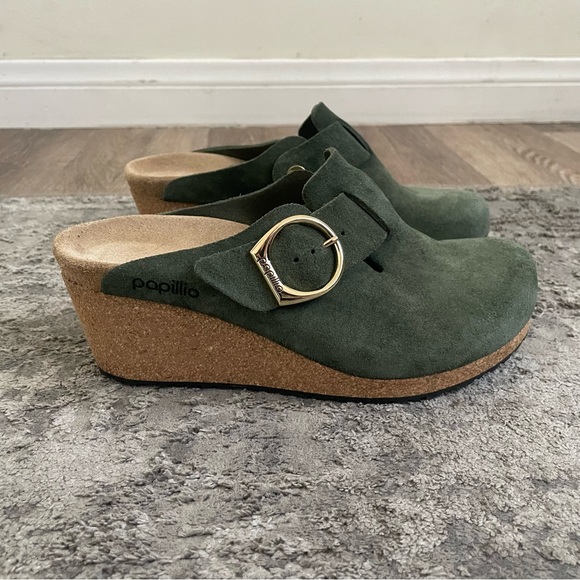 Papillio Birkenstock Fanny Ring-Buckle Sandals Olive Green Suede Leather 38/US8 - Picture 1 of 6